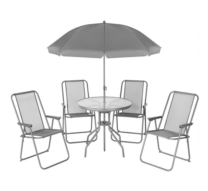 SADA ZÁHRADNÉHO NÁBYTKU OKRÚHLY STÔL 4 STOLIČKY A SLNEČNÍK TMAVOSIVÁ