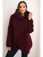 Dámska zateplená mikina s kapucňou a asymetrickým zipsom bordová