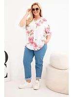 Dámske bavlnené Plus veľkosť V-neck blúzka s kvetinovým vzorom biela