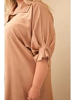 Dámská Plus Size bavlněná košile s knoflíky a límcem velbloudí Dámská Plus Size bavlněná košile s knoflíky a límcem velbloudí