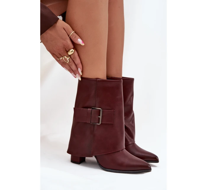 Ocieplane Botki Na Słupku Z Wywiniętą Cholewką I Klamrą Bordowe Ylenara