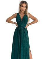 Dlouhé dámské šaty v lahvově zelené barvě s výstřihem a v pase model 19665333 - numoco