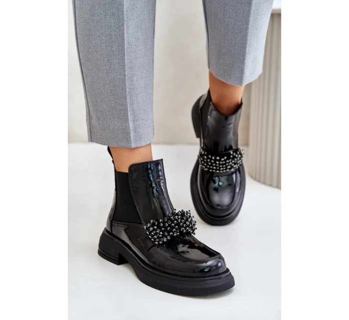 Kožené Lakované Botky S Dekorací Nazouvací Zateplené Černé model 21675534 - EVENTO