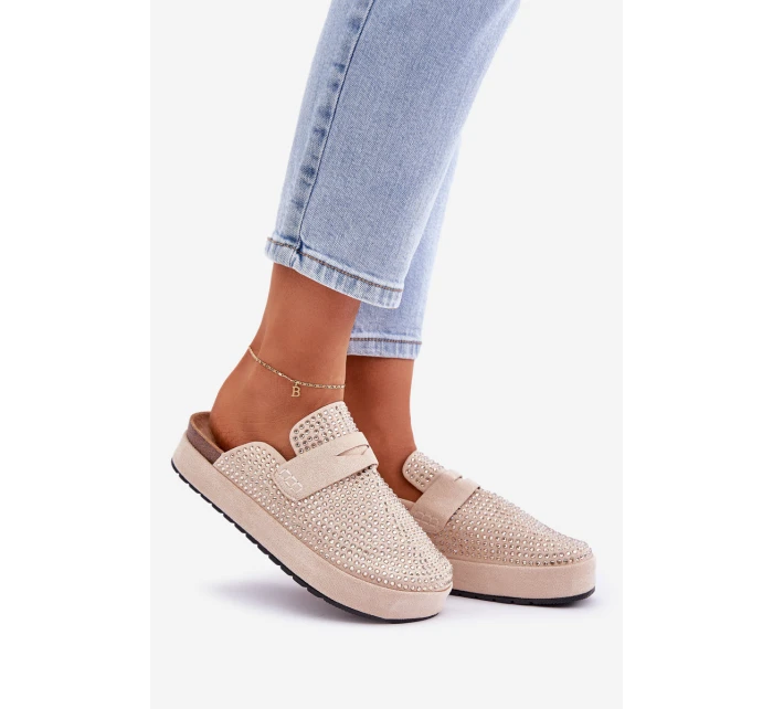 Klapki Damskie Zdobione Cyrkoniami Na Platformie Beżowe Deorani