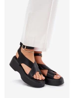 Sandały Damskie Na Platformie I Koturnie Eko Skórzane Czarne Tenzorus Sandały Damskie Na Platformie I Koturnie Eko Skórzane Czarne Tenzorus