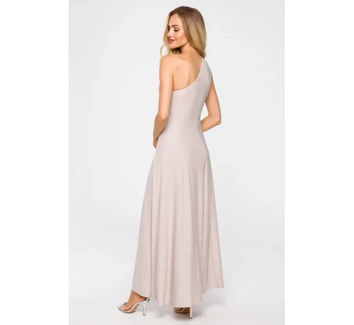 M718 Maxi šaty na jedno rameno - šampanské