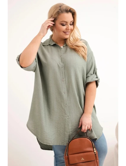 Dámská košile Plus Size z viskózy s delším zadním dílem khaki