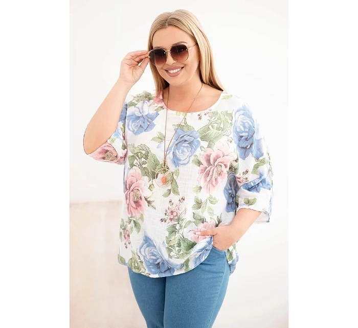 Dámska bavlnená blúzka s krátkymi rukávmi a kvetinovým vzorom biela