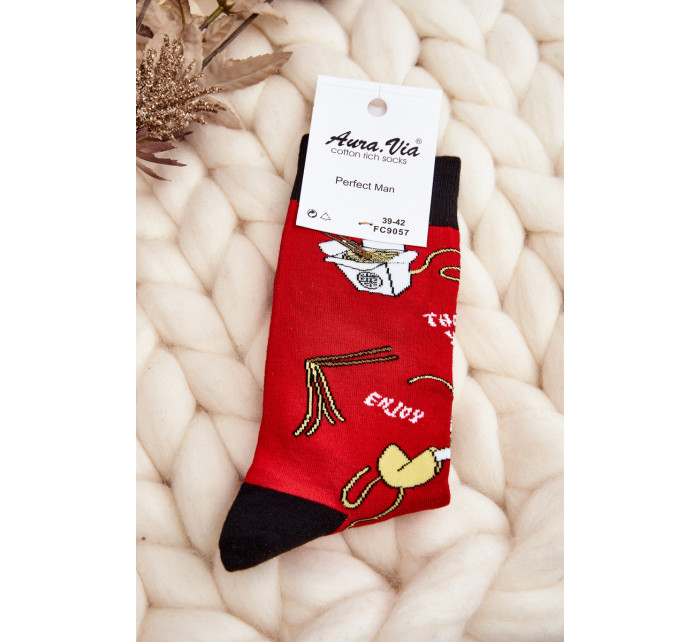 Pánske ponožky so vzormi ázijských rezancov červené