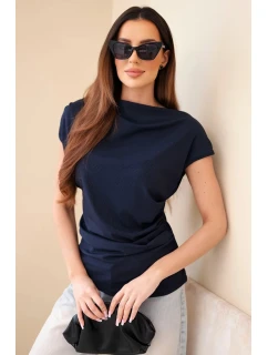 Dámska rebrovaná blúzka z viskózy s vodopádovým výstrihom a volánmi tmavomodrá