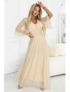 654-2 Dlhé trblietavé plus size šaty s výstrihom a priehľadnými rukávmi - šampanská béžová