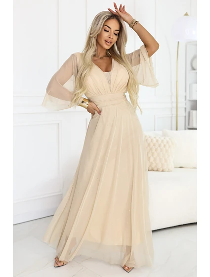 654-2 Dlhé trblietavé plus size šaty s výstrihom a priehľadnými rukávmi - šampanská béžová 654-2 Dlhé trblietavé plus size šaty s výstrihom a priehľadnými rukávmi - šampanská béžová
