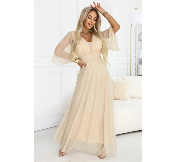 Dlouhé třpytivé plus size šaty s výstřihem a rukávy model 21945491 - numoco basic
