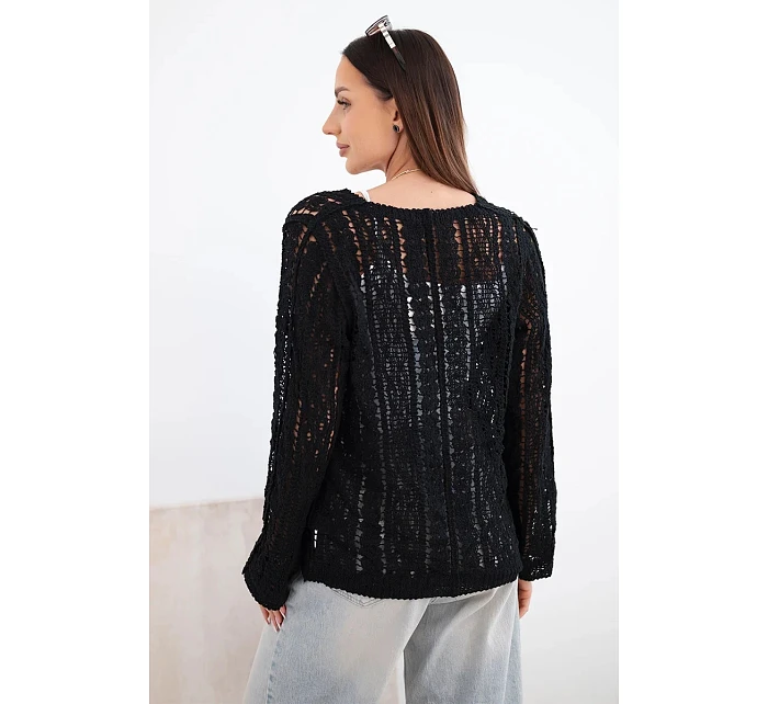 Dámsky bavlnený a čipkovaný sveter s výstrihom do V čierny