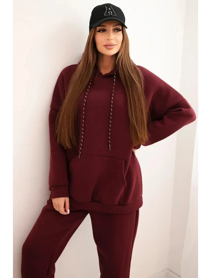 Dámská tepláková souprava zateplená z bavlny s kapucí bordová