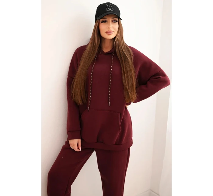 Dámská tepláková souprava zateplená z bavlny s kapucí bordová