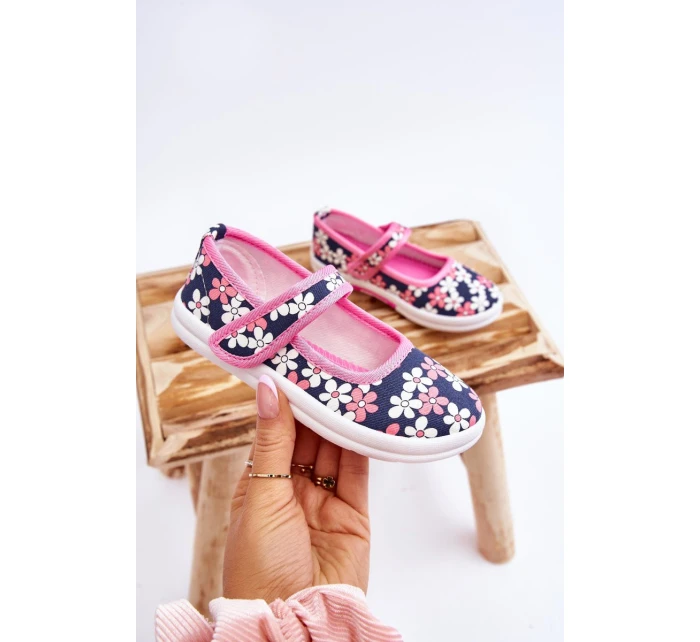 Dziecięce Baleriny W Kwiatuszki Granatowo-Różowe Noah Dziecięce Baleriny W Kwiatuszki Granatowo-Różowe Noah