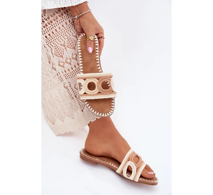 Szydełkowe Klapki Damskie Na Płaskim Obcasie Beżowe Nirina