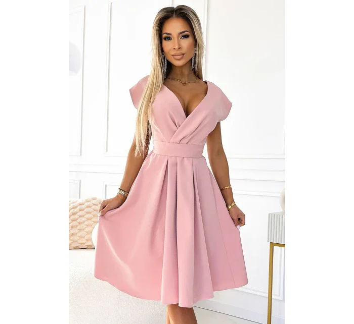 348-9 SCARLETT rozšírené šaty s obálkovým výstrihom a opaskom - púdrovo ružové