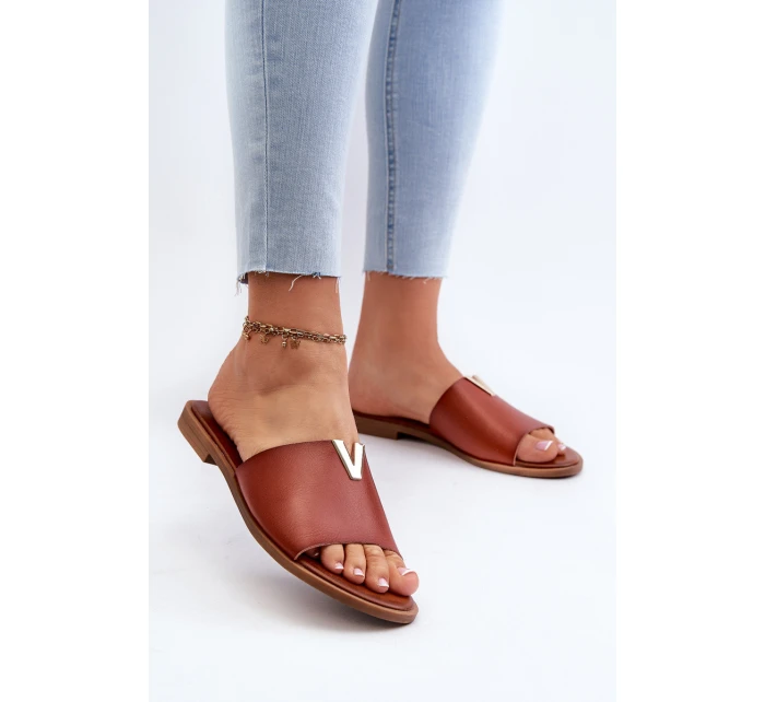 Klapki Damskie Eko Skórzane Na Płaskim Obcasie Brązowe Maliha