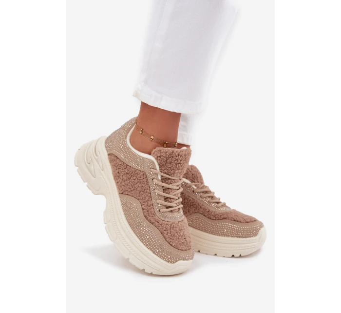 Sneakersy Damskie Z Cyrkoniami I Futerkiem Typu Baranek Beżowe Zarika Sneakersy Damskie Z Cyrkoniami I Futerkiem Typu Baranek Beżowe Zarika