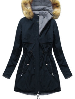 Tmavo modro-šedá obojstranná dámska zimná bunda s kapucňou (W214BIG)
