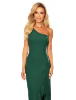 Tmavě zelené dlouhé dámské šaty přes jedno rameno ve stylu model 16968632 - numoco Tmavě zelené dlouhé dámské šaty přes jedno rameno ve stylu model 16968632 - numoco