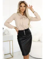 Béžová dámská halenka v stylu s dlouhými rukávy a s vázáním ve přední části model 20897084 - numoco Béžová dámská halenka v stylu s dlouhými rukávy a s vázáním ve přední části model 20897084 - numoco