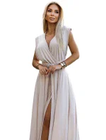 Elegantní béžové dlouhé dámské šaty s brokátem a s  vázání model 20110813 - numoco