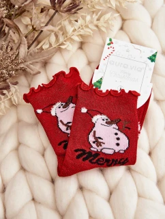 Damskie Błyszczące Świąteczne Skarpety Z Bałwanem Czerwone
