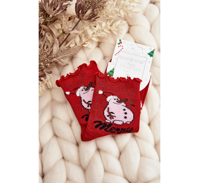 Damskie Błyszczące Świąteczne Skarpety Z Bałwanem Czerwone