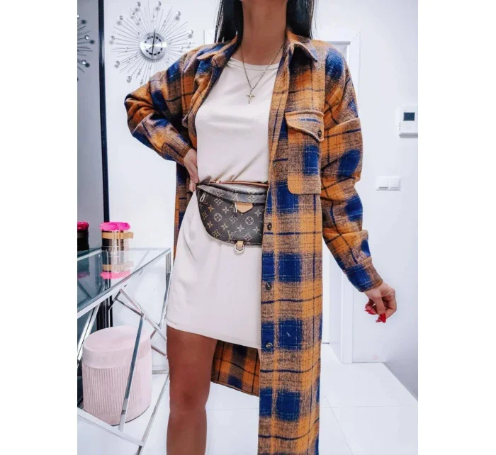 Hnedo-tmavo modrý dámsky károvaný košeľový kabát (8424) Hnedo-tmavo modrý dámsky károvaný košeľový kabát (8424)