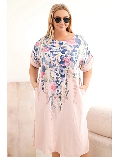 Dámske plus veľkosť viskózové šaty s krátkymi rukávmi a bočnými rozparky Powder Pink