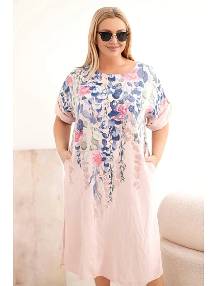 Dámske plus veľkosť viskózové šaty s krátkymi rukávmi a bočnými rozparky Powder Pink