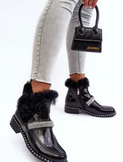 Niskie Botki Lakierowane Z Futerkiem I Ozdobą S.Barski MR870-74 Czarne