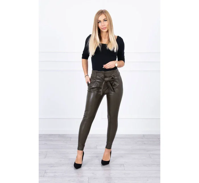 Kožené kalhoty vázané vpředu khaki barvy