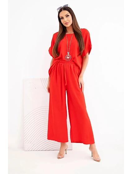 Dámský viskózový komplet halenka s krátkým rukávem a kalhoty se širokými nohavicemi červený