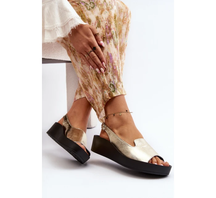 Zazoo 2893 Sandały Damskie Skórzane na Grubej Podeszwie Złote