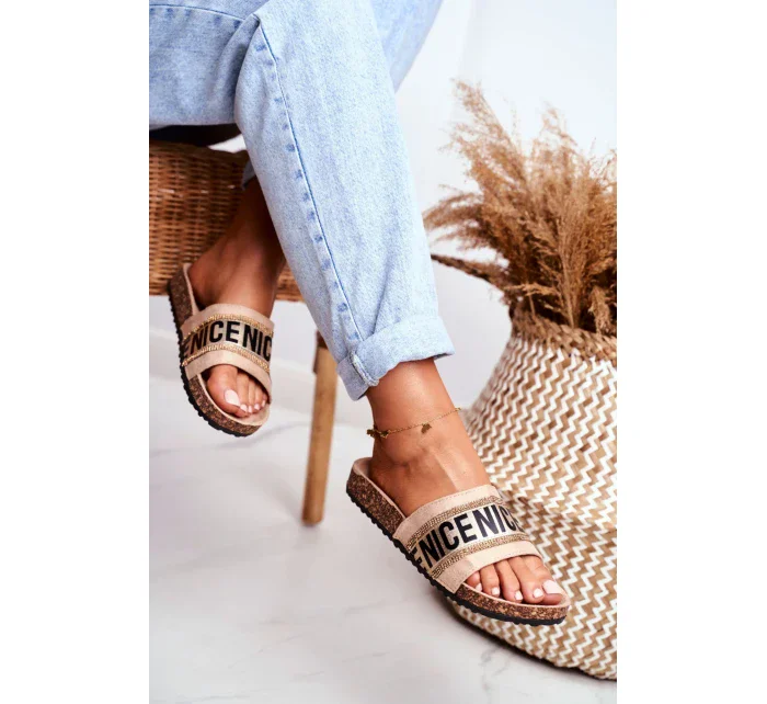 Béžové papuče s korkovou podrážkou a zirkónmi Be Nice