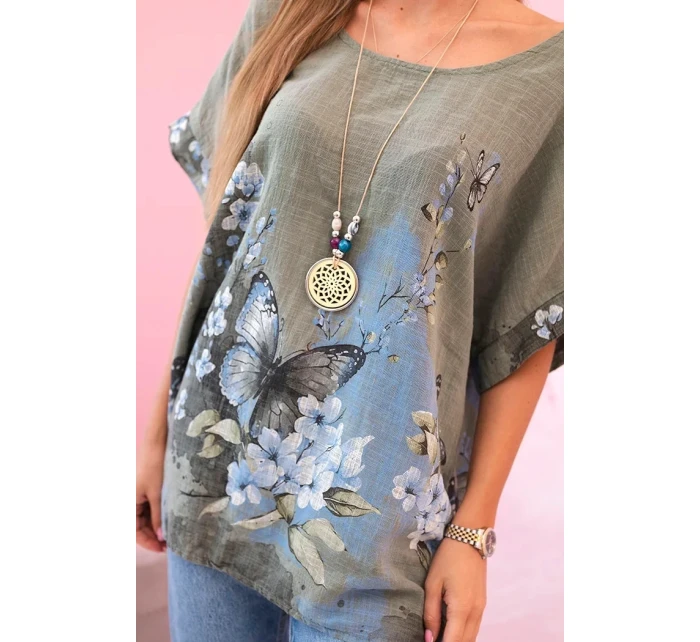 Dámská bavlněná košile s model 22020959 a květinami khaki - K-Fashion