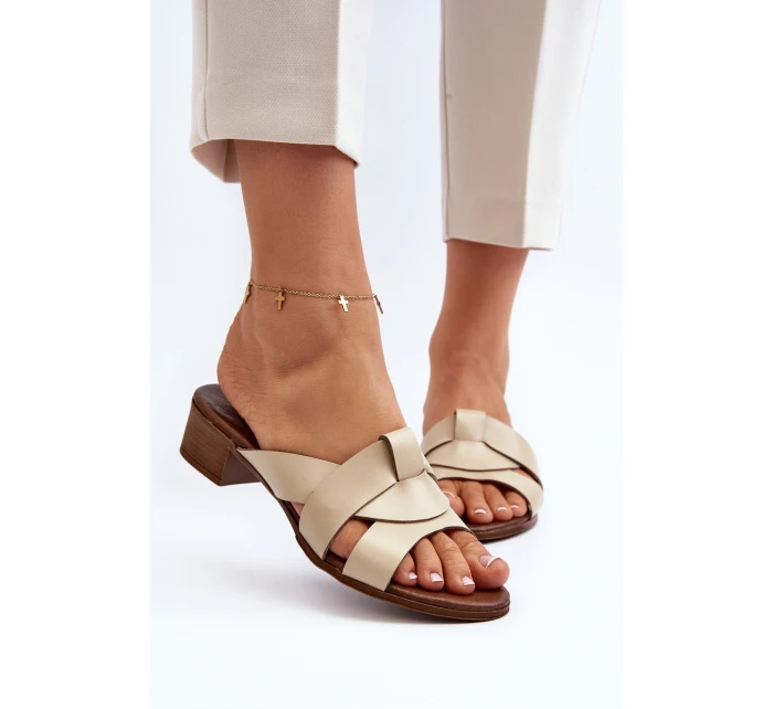 Zazoo 40236 Skórzane Klapki Damskie Na Niskim Obcasie Beżowe