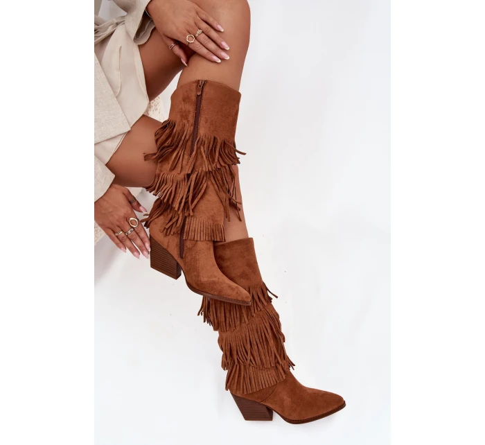 Dámske zateplené kovbojské čižmy so strapcami Brivina - camel Dámske zateplené kovbojské čižmy so strapcami Brivina - camel