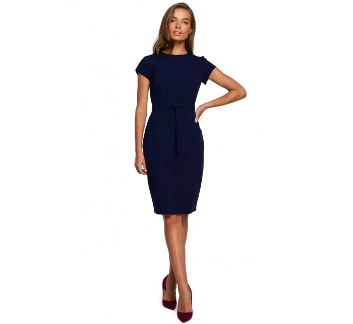 S239 Ceruzkové šaty s opaskom na zaviazanie - tmavo modré