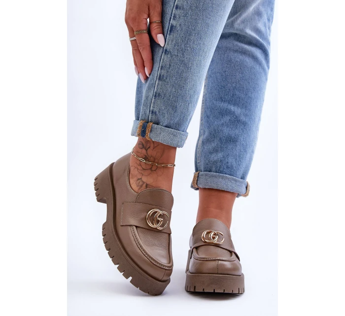 Damskie Półbuty Skórzane Z Ozdobą Ciemnobeżowe Rosefalls