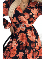ROSETTA - Veľmi žensky pôsobiace dámske šaty so vzorom oranžových ruží, s preloženým obálkovým výstrihom a opaskom 413-1