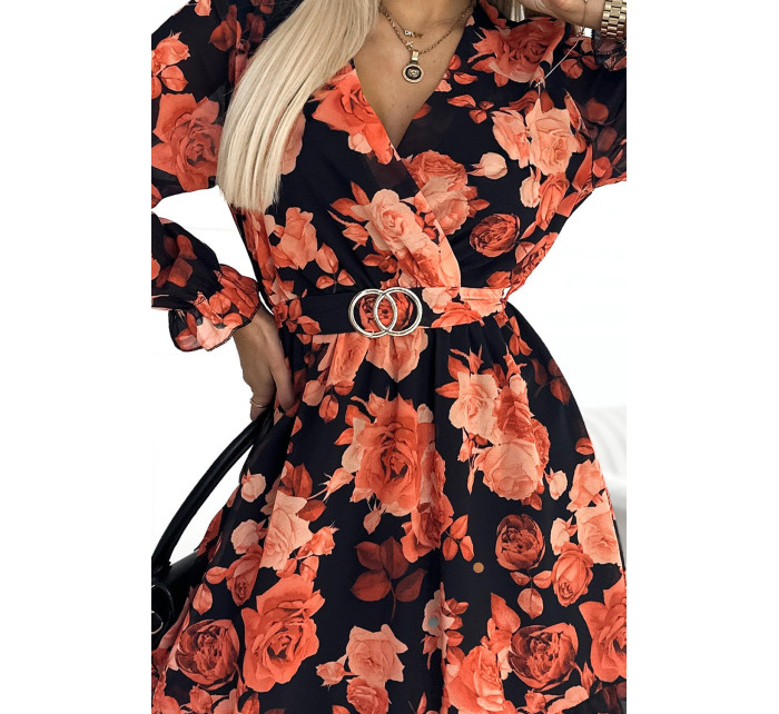 ROSETTA - Veľmi žensky pôsobiace dámske šaty so vzorom oranžových ruží, s preloženým obálkovým výstrihom a opaskom 413-1