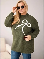Dámský svetr Plus Size s přídavkem vlny s mašlí khaki Dámský svetr Plus Size s přídavkem vlny s mašlí khaki