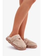 Papuče z umelej kožušiny s malou brošňou Dark Beige Primaria