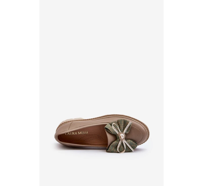 Damskie Skórzane Mokasyny Z Kokardą Laura Messi 2787 Beżowe