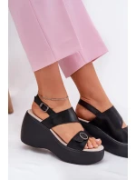Skórzane Sandały Damskie Na Koturnie I Platformie S.Barski LR51-540 Czarne